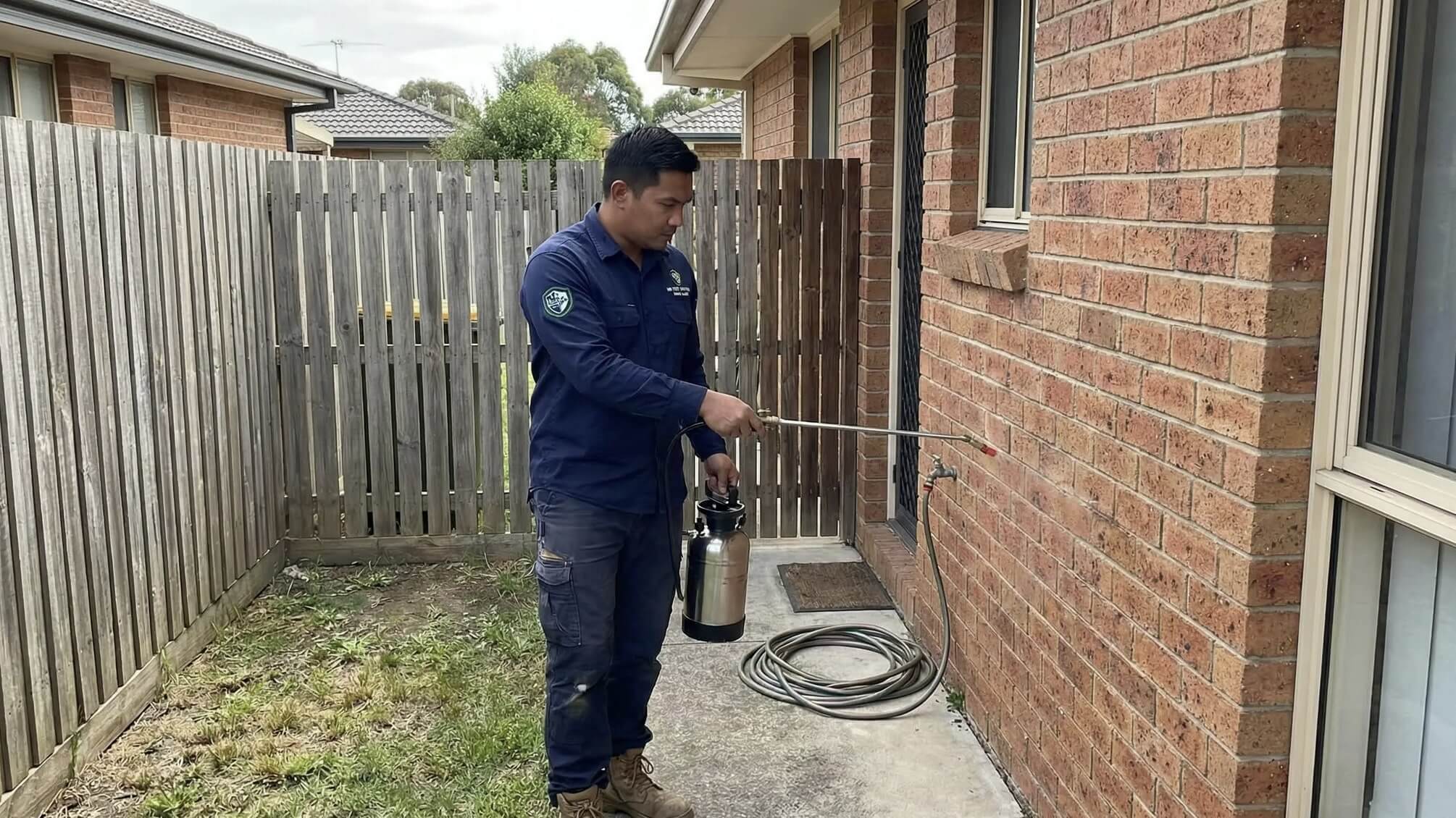 Pest control technician treating residential property